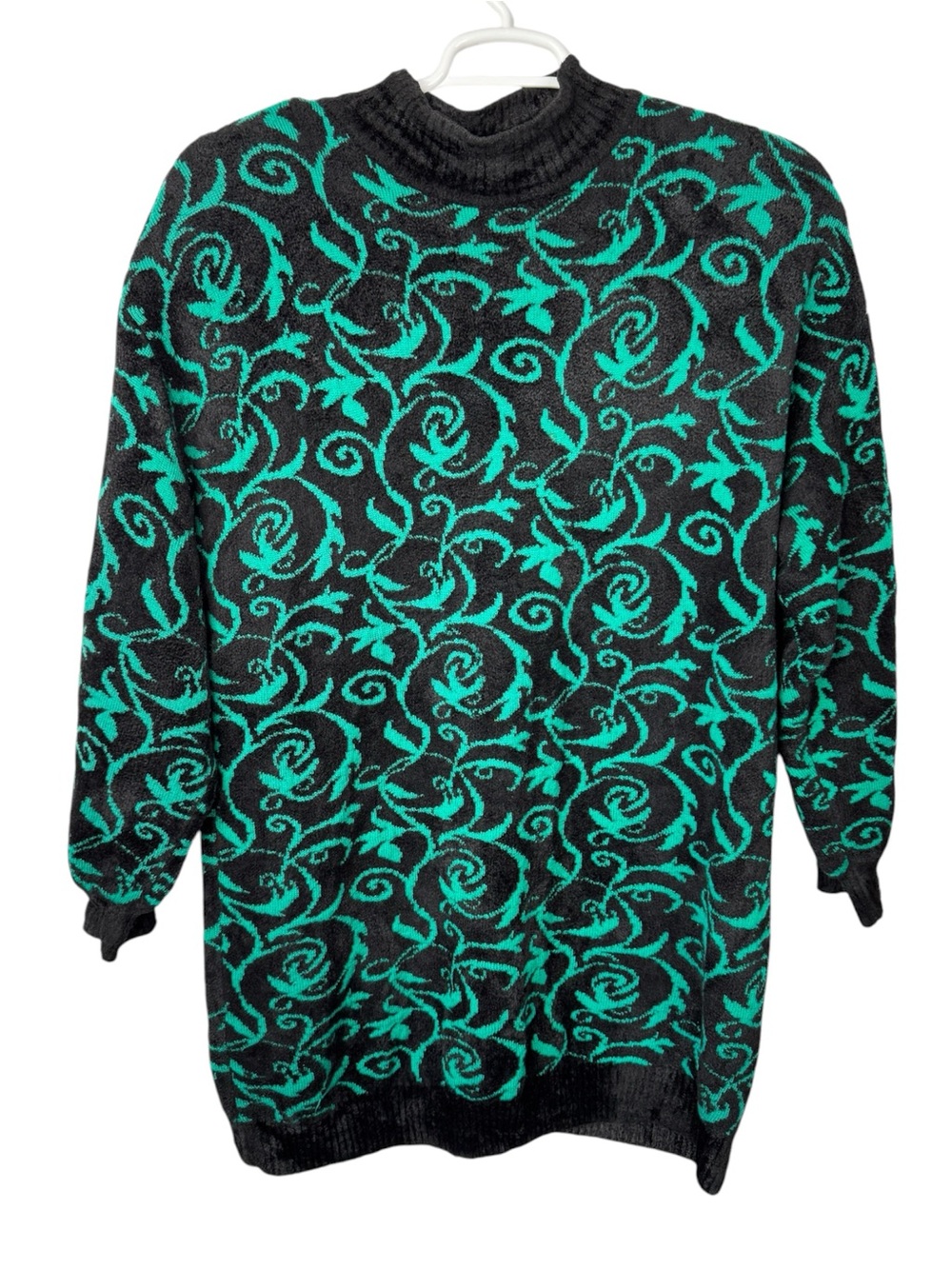 Vintage St. John Sportswear Sweater Dress Black Green Floral Pullover USA Retro